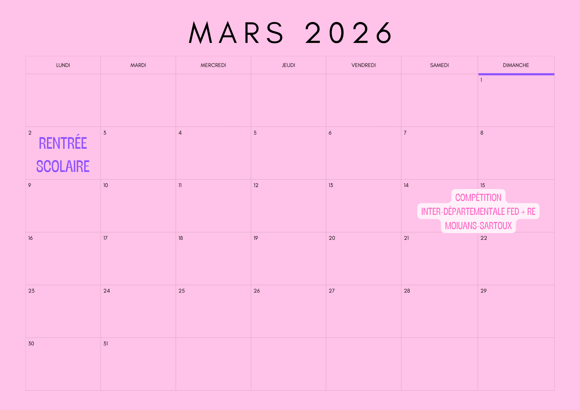 mars 2026 calendrier