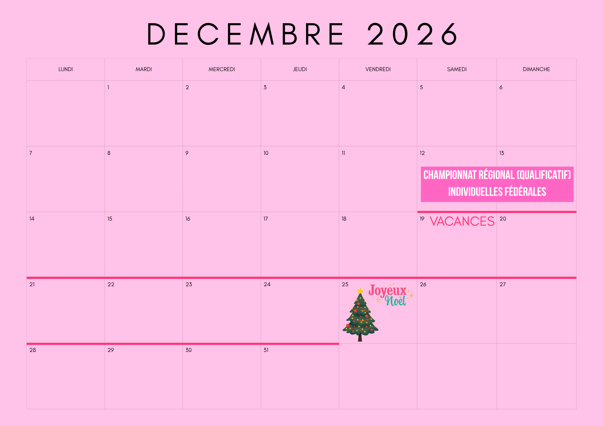 calendrier décembre 2026